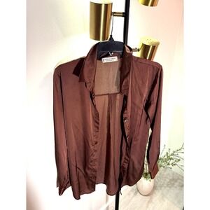 Jon & Anna button up chocolate brown satin workwear luxe office siren comfort EC